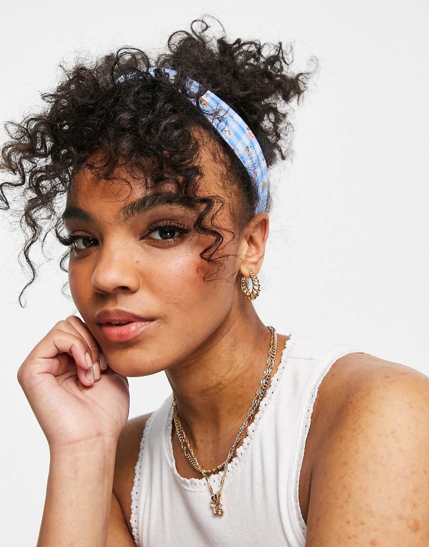 ASOS DESIGN wide jersey gingham floral print headband in blue-Multi