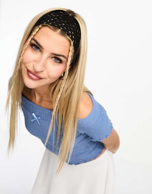 ASOS DESIGN wide jersey headband with crochet design in black