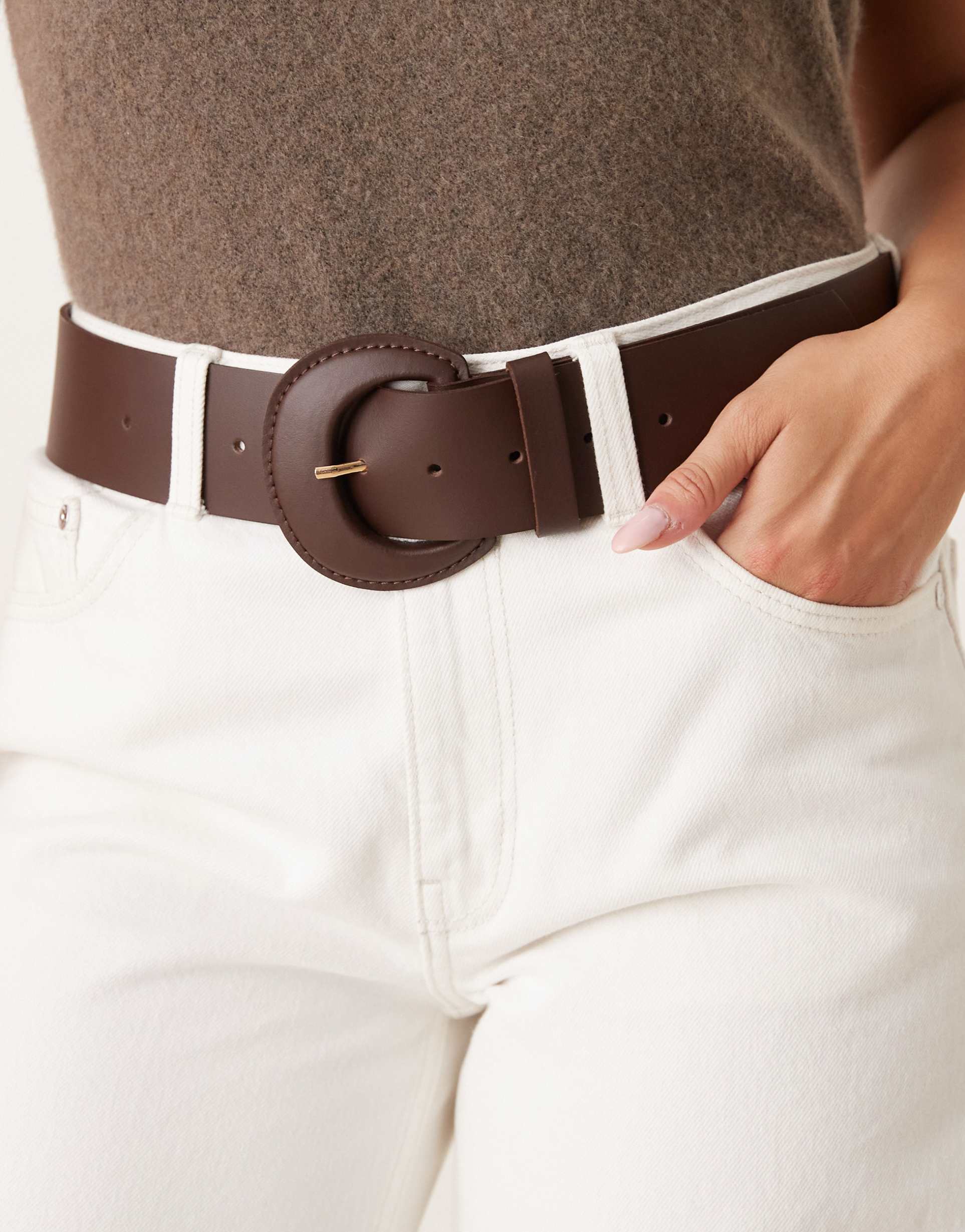 asos design wide leather waist and hip belt with covered buckle in chocolate brown