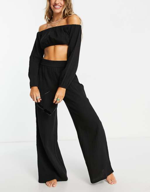 ASOS DESIGN wide leg beach pants in black gauze