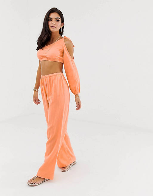 ASOS DESIGN wide leg beach pants in natural crinkle fabric two-piece