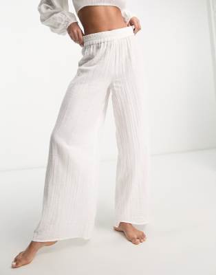 Asos Design Wide Leg Beach Pant In White Plisse - Part Of A Set