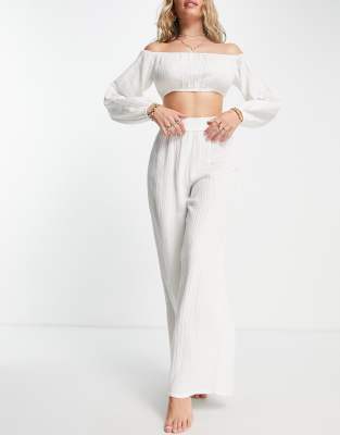 Asos Design Waffle Knit Wide Leg Pants In White