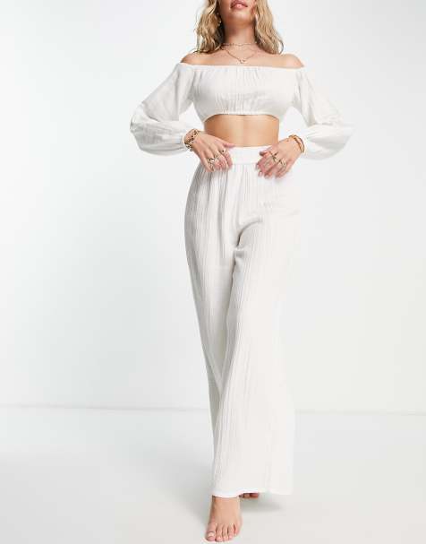 ASOS DESIGN wide leg beach pants in natural gauze - view 1