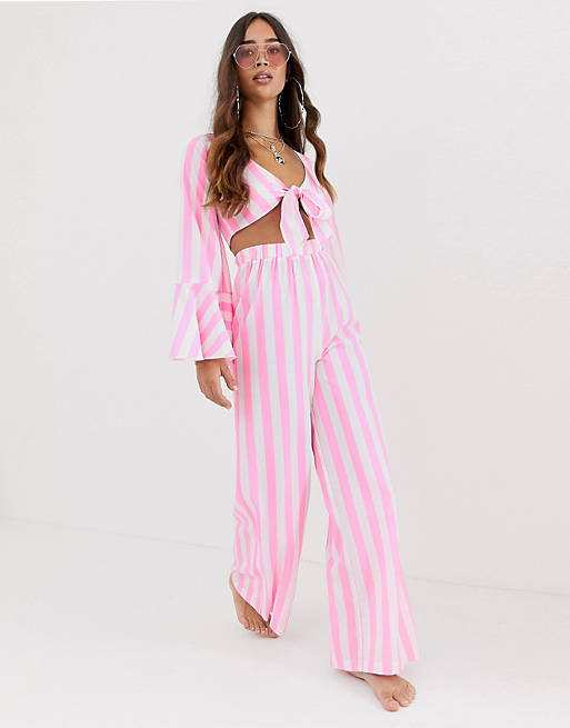 ASOS DESIGN wide leg beach pants in pink stripe two-piece