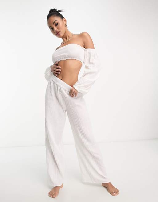 ASOS DESIGN wide leg beach pants in white gauze - part of a set