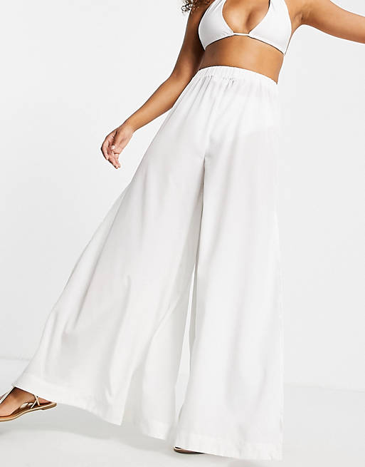 ASOS DESIGN wide leg beach trouser in white