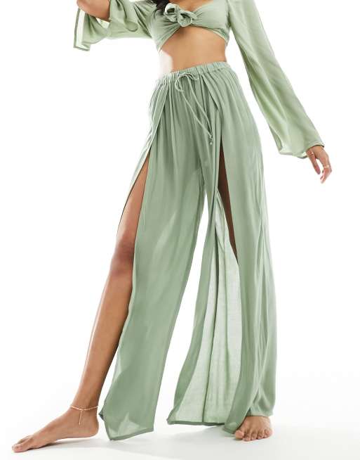 ASOS DESIGN wide leg beach trouser with high splits in khaki ASOS