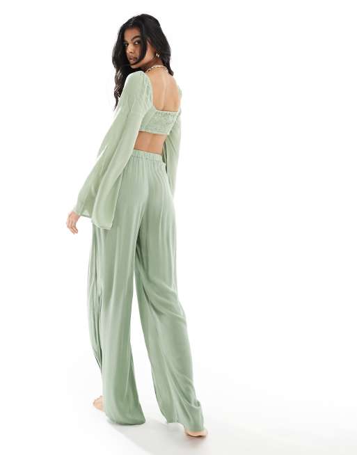 ASOS DESIGN wide leg beach trouser with high splits in khaki ASOS