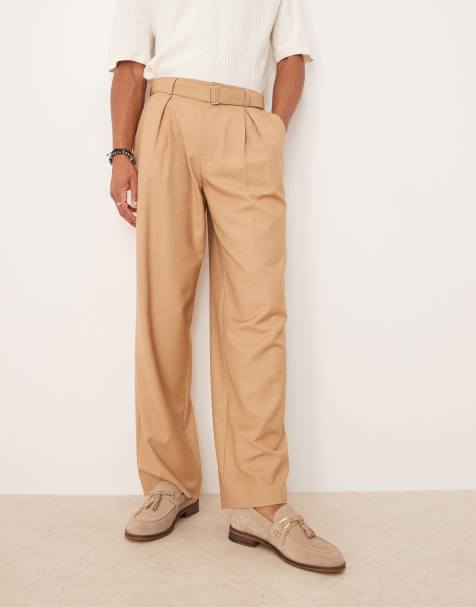 ASOS DESIGN wide leg belted dress pants with front pleats in camel - view 1