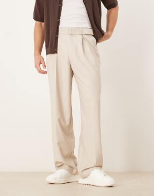 wide leg belted dress pants with front pleats in stone-Neutral