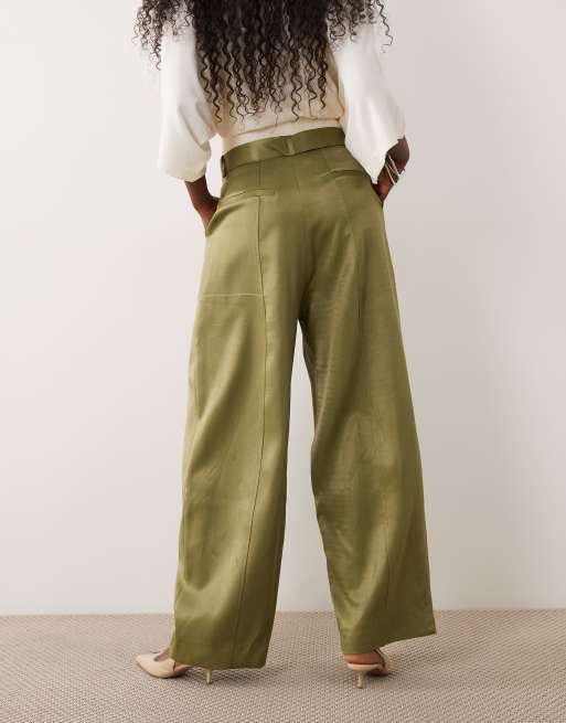 ASOS DESIGN wide leg belted satin pants in olive, 3 of 5