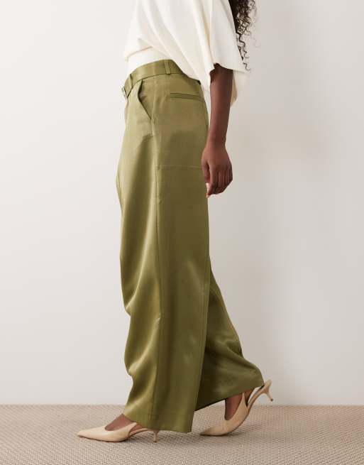 ASOS DESIGN wide leg belted satin pants in olive, 5 of 5