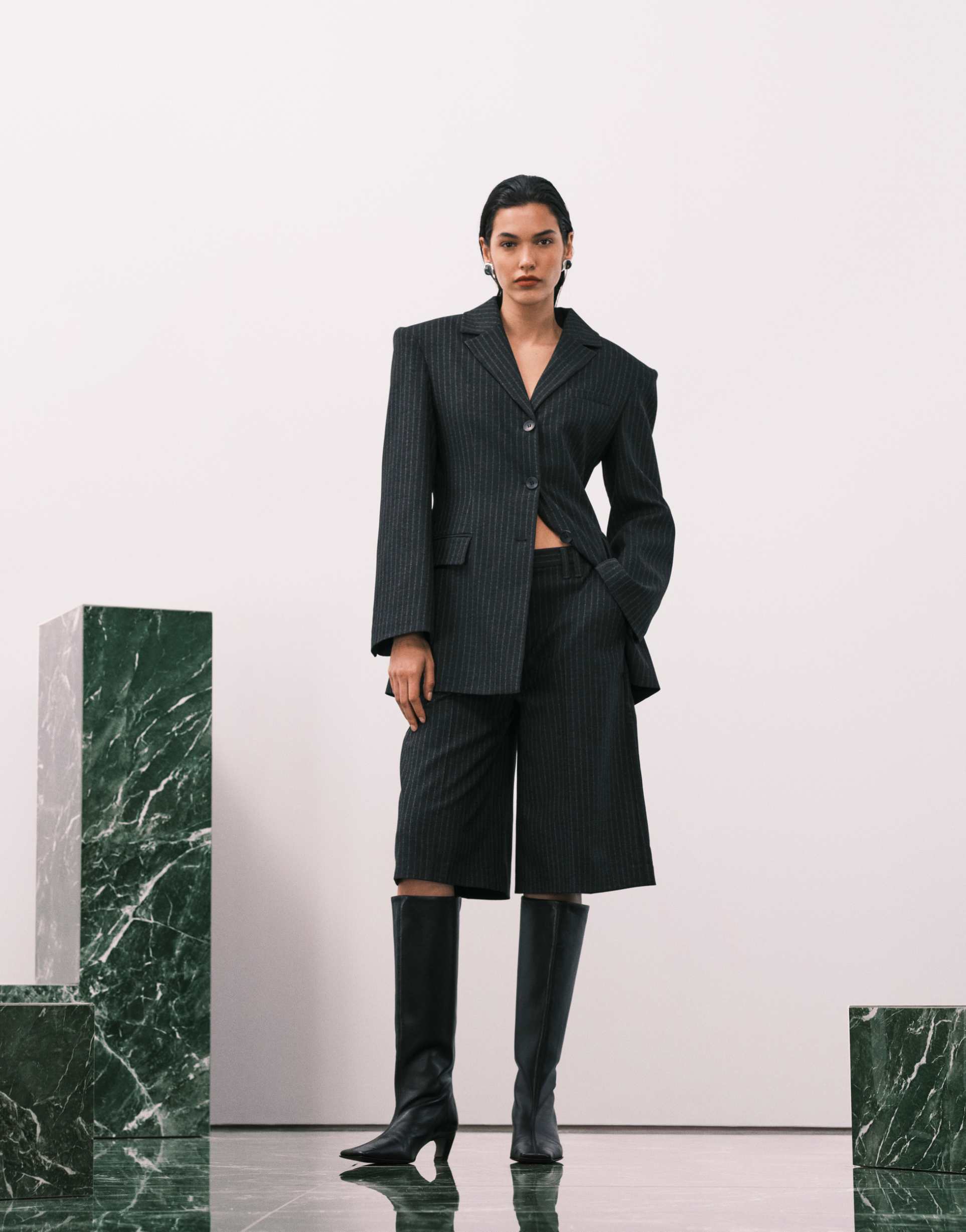 asos design wide leg bermuda shorts in black pinstripe