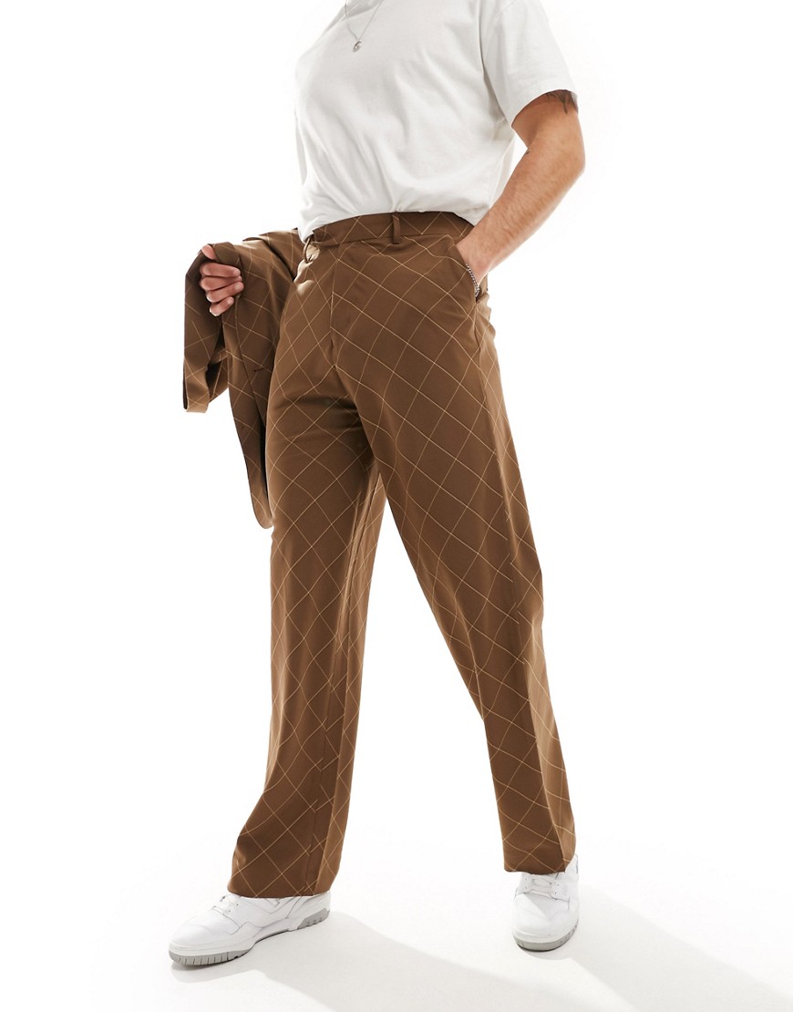 ASOS DESIGN wide leg bias cut check suit trouser in brown