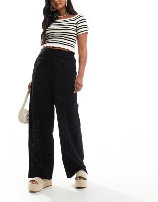 ASOS DESIGN wide leg broderie dad trousers in black