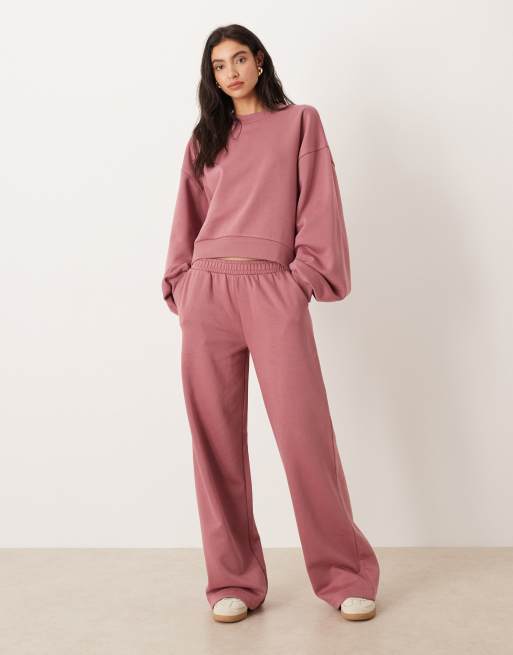 ASOS DESIGN wide leg brushback jogger in rose pink, 3 of 5