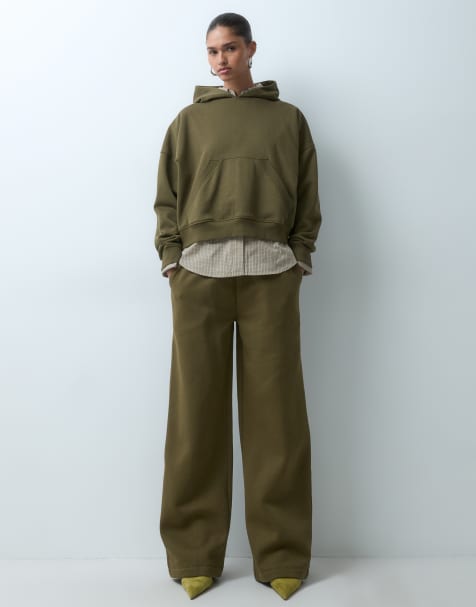 ASOS DESIGN wide leg brushback joggers in khaki - view 1
