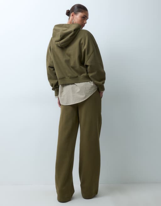 ASOS DESIGN wide leg brushback joggers in khaki, 2 of 5