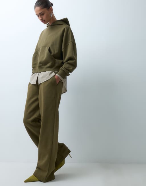 ASOS DESIGN wide leg brushback joggers in khaki, 4 of 5