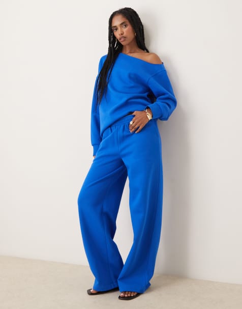 ASOS DESIGN wide leg brushback sweatpants in blue - view 1