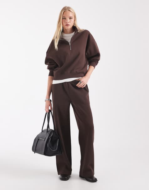 ASOS DESIGN Wide leg brushback sweatpants in brown - view 1
