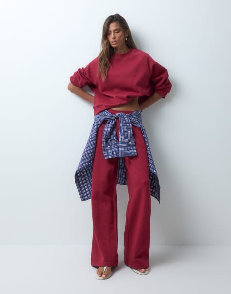 ASOS DESIGN wide leg brushback sweatpants in burgundy - view 1