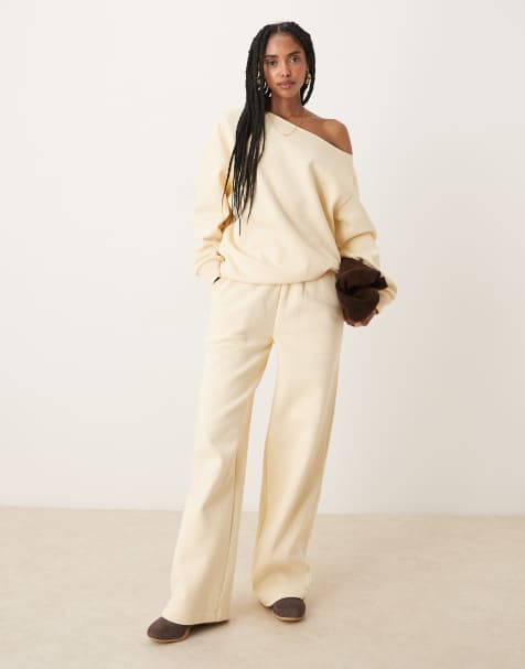 ASOS DESIGN wide leg brushback sweatpants in buttermilk - view 1