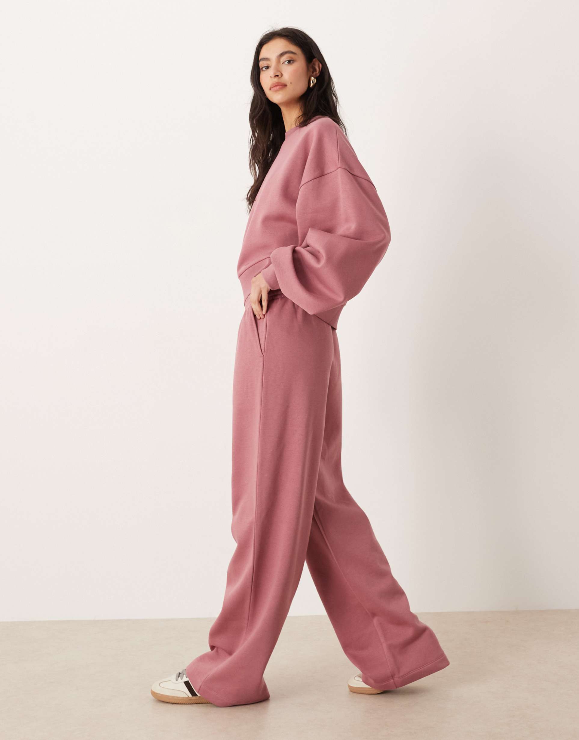 asos design wide leg brushback sweatpants in rose pink