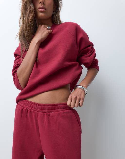 ASOS DESIGN wide leg brushback trackies in burgundy, 2 of 5