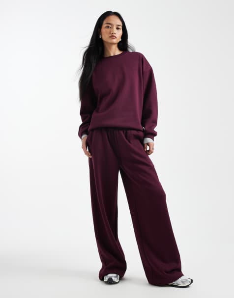 ASOS DESIGN wide leg brushback trackies in plum - view 1