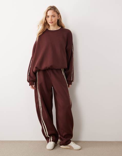 ASOS DESIGN wide leg brushback trackies with crochet lace detail in chocolate (part of a set) - view 1