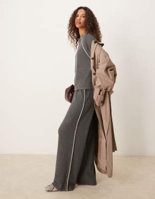 Asos Design Wide Leg Brushed Pants With Piping Detail In Gray