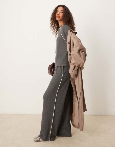 ASOS DESIGN wide leg brushed pants with piping detail in gray - view 1