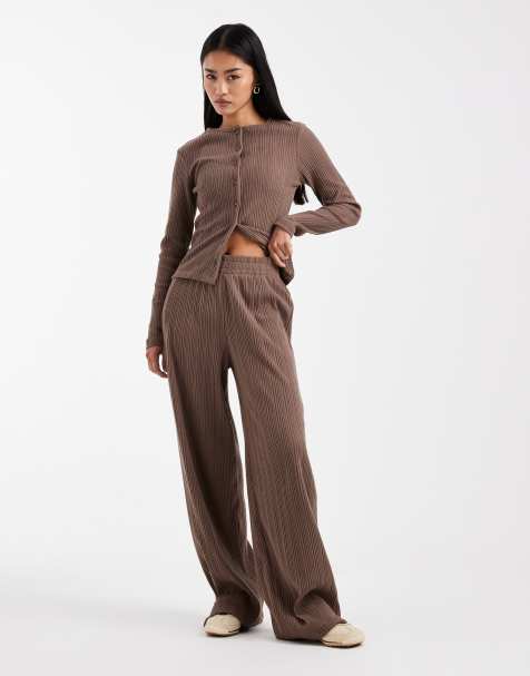 ASOS DESIGN wide leg brushed rib knit pants in chocolate - part of a set - view 1