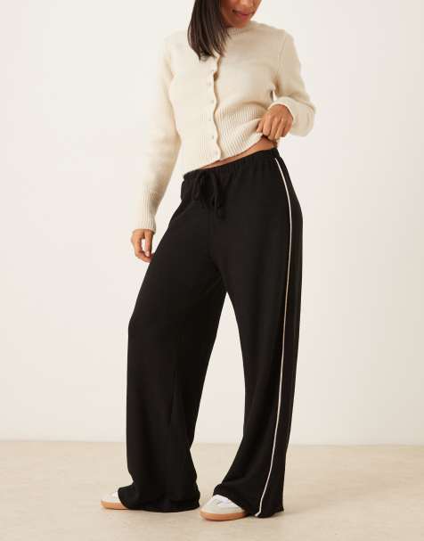 ASOS DESIGN wide leg brushed trouser with piping detail in black - view 1