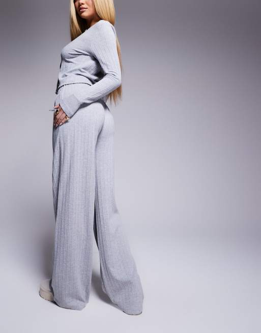 ASOS DESIGN wide leg cable knit look pants in grey (part of a set)