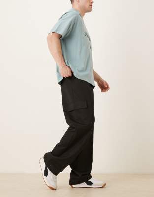 ASOS DESIGN wide leg cargo dress pants in black with elastic waist