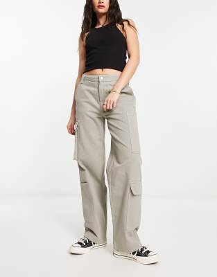 Shop Asos Design Wide Leg Cargo Jean In Sage-green