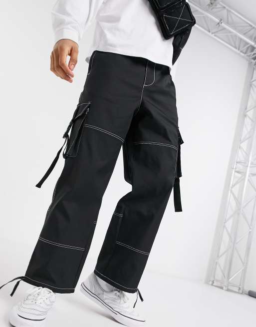 Contrast Stitch Black Baggy Fit Cargo