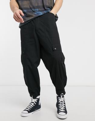 asos drop crotch joggers with ruched detail and pockets in gray