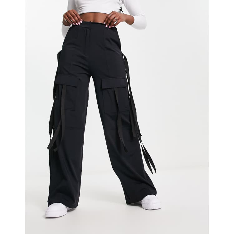 ASOS DESIGN wide leg cargo pants with strapping detail in black