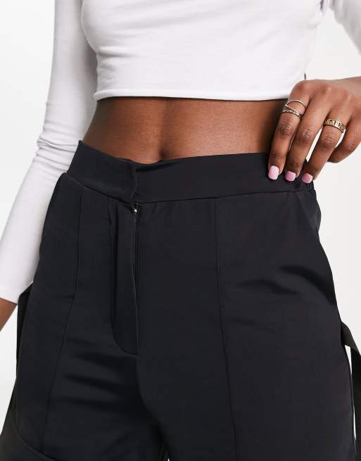 ASOS DESIGN wide leg cargo pants with strapping detail in black