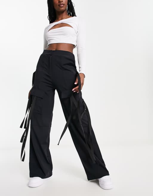 ASOS DESIGN wide leg cargo pants with strapping detail in black