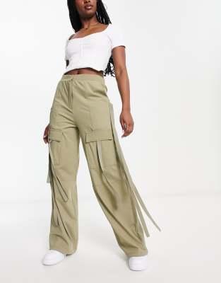 Asos Design Wide Leg Cargo Pants With Strapping Detail In Khaki-green