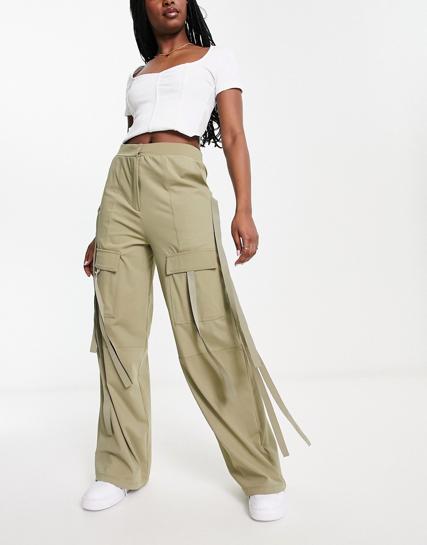 wide leg cargo pants with strapping detail in khaki-Green