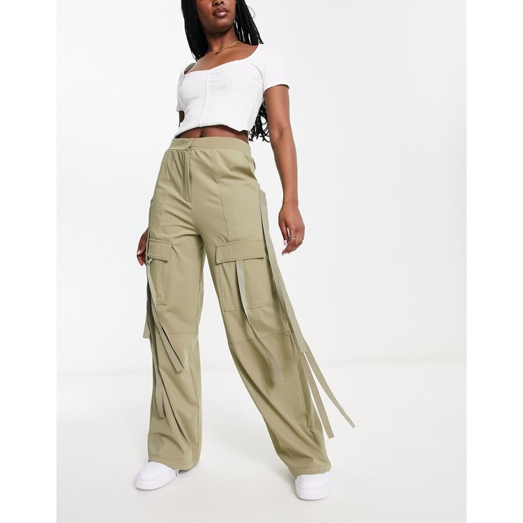ASOS DESIGN wide leg cargo pants with strapping detail in khaki