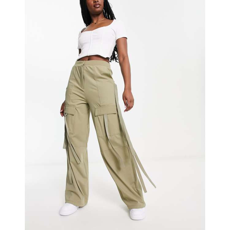 ASOS DESIGN wide leg cargo pants with strapping detail in khaki