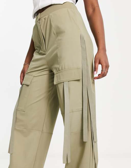 ASOS DESIGN wide leg cargo pants with strapping detail in khaki