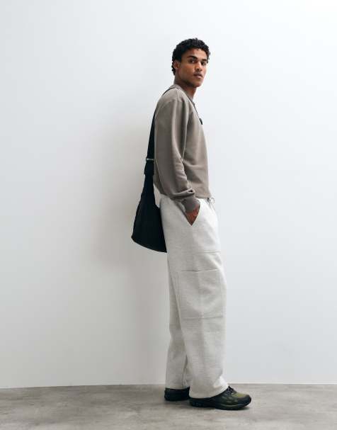 ASOS DESIGN wide leg cargo scuba-style fabric jogger with patch pockets in grey marl - view 1